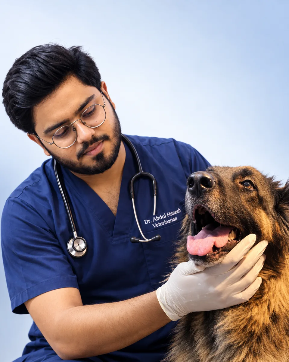 Dr. Abdul Haseeb Qureshi examining a dog at Happy Tails Pet Clinic